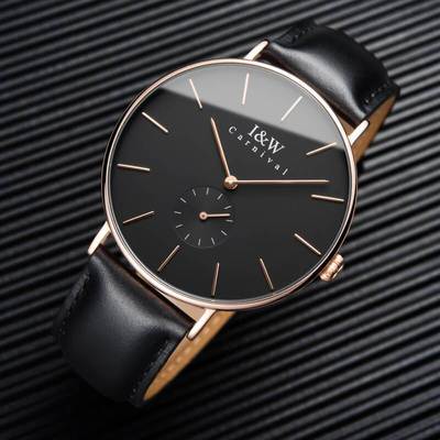 Đồng hồ nam chính hãng I&W Carnival 8848G-D2 Kính sapphire,Chống nước 30M,Máy điện tử (Quartz,mặt đen vỏ vàng dây da xịn
