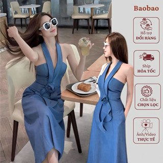 Váy jean ôm cúp ngực đính hoa, váy denim dáng dài cổ yếm sang chảnh, đầm jean xòe dự tiệc B482