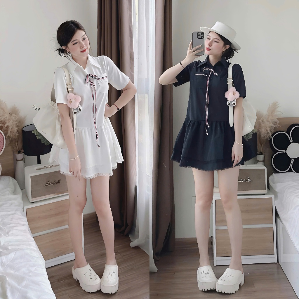 Váy Sơ Mi Babydoll Dáng Ngắn 2 Tầng Phối Viền Ren Đính Dây Nơ Đỏ Tặng Kèm Quần Trong | BigBuy360 - bigbuy360.vn