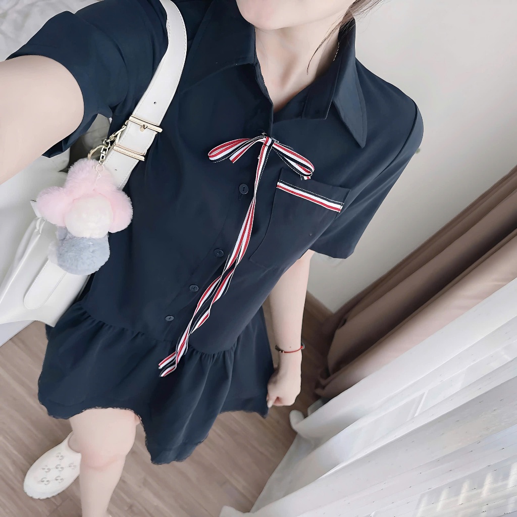 Váy Sơ Mi Babydoll Dáng Ngắn 2 Tầng Phối Viền Ren Đính Dây Nơ Đỏ Tặng Kèm Quần Trong | BigBuy360 - bigbuy360.vn