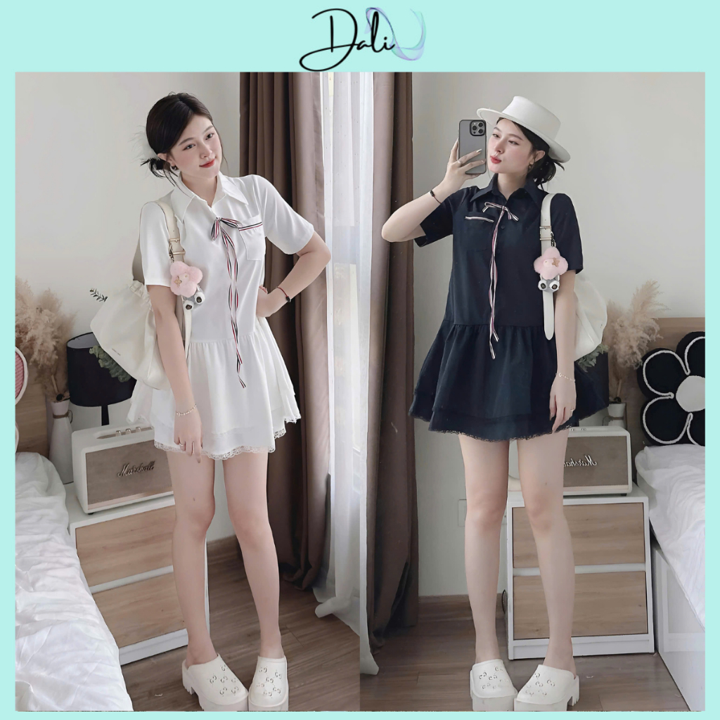 Váy Sơ Mi Babydoll Dáng Ngắn 2 Tầng Phối Viền Ren Đính Dây Nơ Đỏ Tặng Kèm Quần Trong | BigBuy360 - bigbuy360.vn