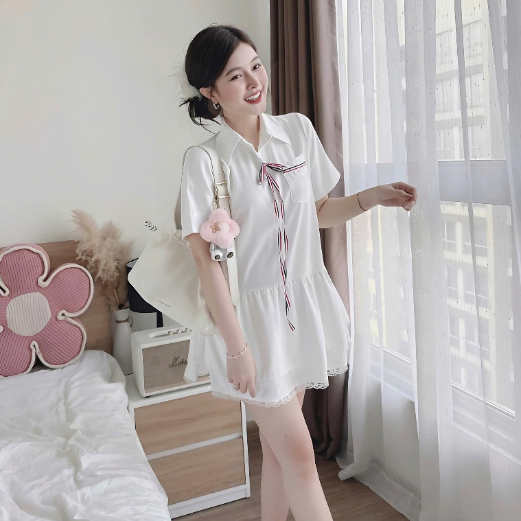 Váy Sơ Mi Babydoll Dáng Ngắn 2 Tầng Phối Viền Ren Đính Dây Nơ Đỏ Tặng Kèm Quần Trong | BigBuy360 - bigbuy360.vn