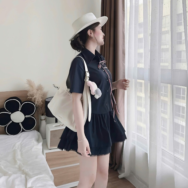 Váy Sơ Mi Babydoll Dáng Ngắn 2 Tầng Phối Viền Ren Đính Dây Nơ Đỏ Tặng Kèm Quần Trong | BigBuy360 - bigbuy360.vn