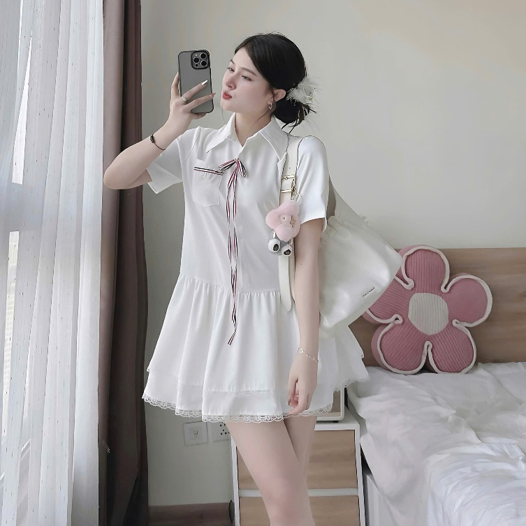 Váy Sơ Mi Babydoll Dáng Ngắn 2 Tầng Phối Viền Ren Đính Dây Nơ Đỏ Tặng Kèm Quần Trong | BigBuy360 - bigbuy360.vn