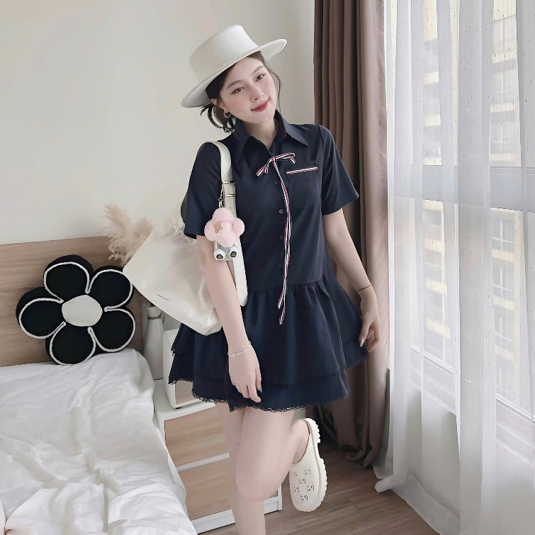 Váy Sơ Mi Babydoll Dáng Ngắn 2 Tầng Phối Viền Ren Đính Dây Nơ Đỏ Tặng Kèm Quần Trong | BigBuy360 - bigbuy360.vn