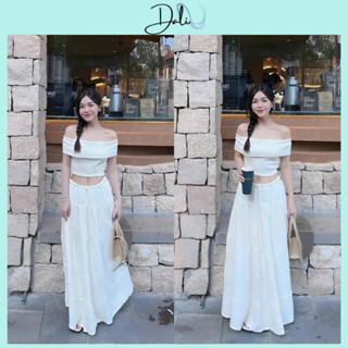 Set Váy Tiểu Thư Gồm Áo Thun Trễ Vai Dáng Ôm Body + Chân Váy Midi Chất Liệu Thô Đũi Tặng Kèm Miếng Dán Nguc