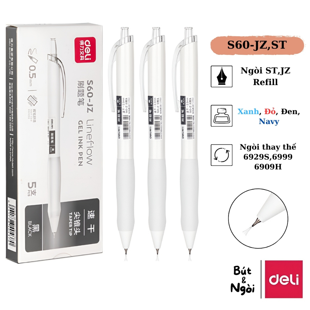 Bút mực gel Deli Lineflow S60-ST/JZ ngòi 0.5mm màu đen viết trơn nhanh khô Good Smoth