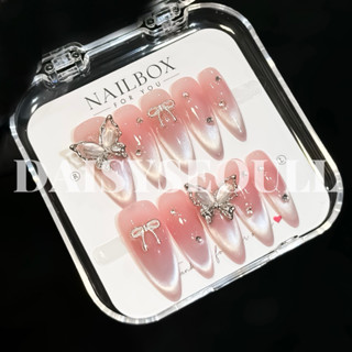 Nail box mắt mèo màu thạch hồng ombre 01 xinh - móng tay giả mắt mèo màu hồng thạch đính charm nơ