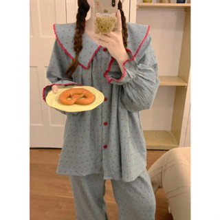 Bộ ngủ tay dài cotton pijama chấm bi cổ sen mặc nhà nữ bigsize siêu xinh dễ thương tiểu thư QC thu đông 019
