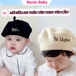   THÊU TÊN  Mũ nồi len thêu tên bé theo yêu cầu HÀNG LOẠI 1 chất len dày mềm mịn không xù lông - Banie Baby 