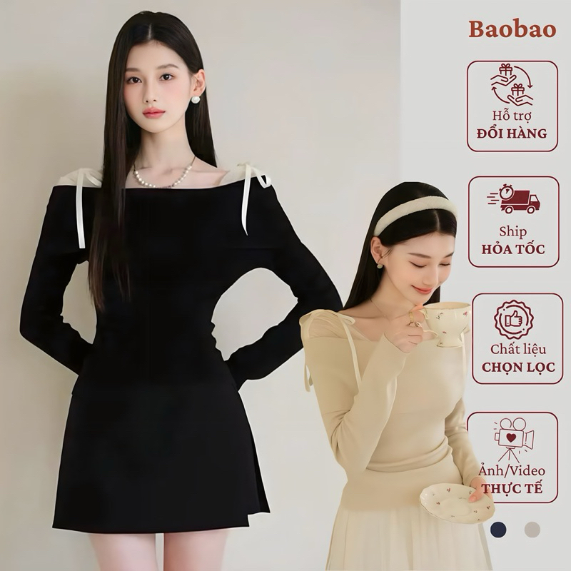 Áo len tăm trễ vai phối lưới, áo hở vai chất len tăm phối nơ phong cách tiểu thư Baobaostore_B335
