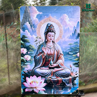 Tranh Phật Quan Âm Bồ Tát tráng gương treo tường, tranh Phật gỗ dán viền