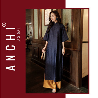 Áo Dài Gấm Màu Đen Huyền Bí, cổ trụ cao 2p, tay lỡ phù hợp đi Lễ Chùa ( kèm quần lụa) - ÁO Dài ANCHI