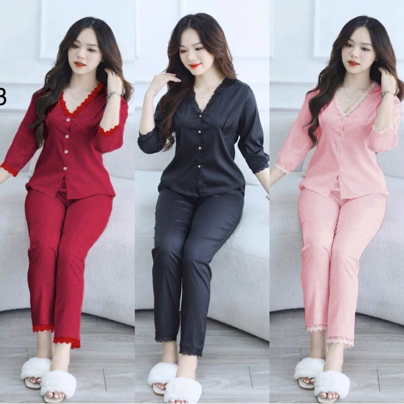 Set Bộ đồ mặc nhà lụa vân gỗ cao cấp cổ viền ren quyến rũ, sang trọng