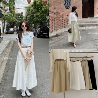 [CV51002] CHÂN VÁY MIDI THÔ HÀN XÒE DÀI KÈM BELT metwo.dearu - Chân váy thô trơn 2 da QC vintage basic đai da ulzzang HQ