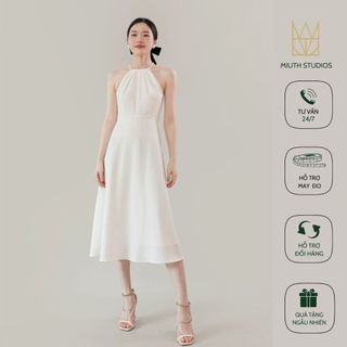 Đầm dự tiệc cổ yếm thiết kế hai dây đính ngọc trai sang chảnh form xòe dáng dài