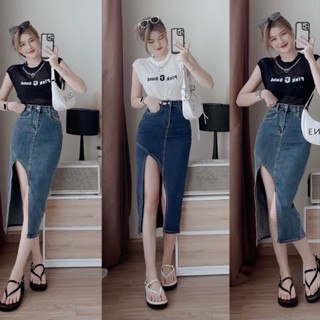chân váy jeans dài co giãn xẻ trước, đính nút xịn đẹp, đen, trắng, xanh ( hình thật kèm video)