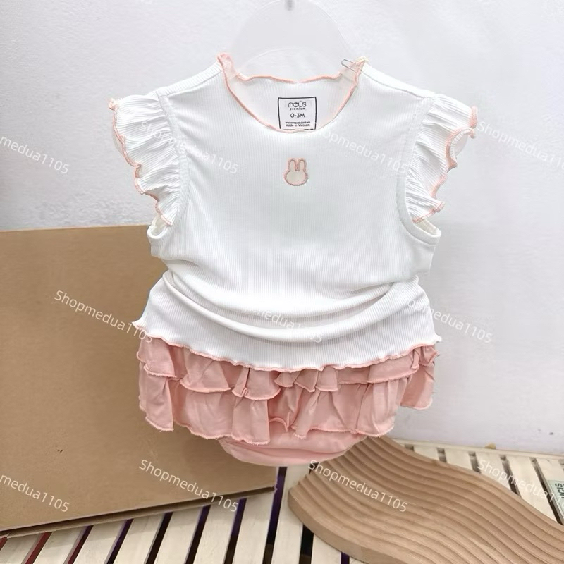 Bộ cộc tay áo trắng phối quần giả váy Nous (Size 3-6 Tháng Đến 9-12 Tháng)