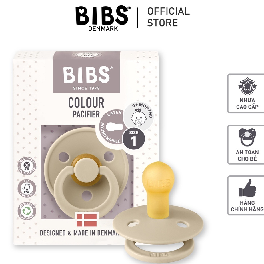 Ti Ngậm Giả Cho Bé BIBS Colour Đan Mạch Chính Hãng Núm Tròn Chất Cao Su Siêu Mềm An Toàn