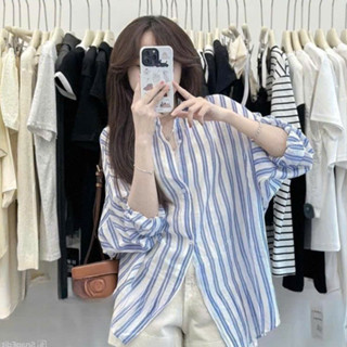 Áo Sơ Mi Nữ, Áo Sơ Mi Dài Tay Kate Hàn Kẻ Sọc Xanh Hồng Form Rộng Giấu Quần