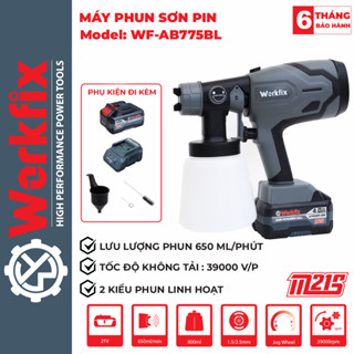 Máy phun sơn pin WORKFIX - SG800ML, 650ml/p, Bình 800ml, 2 kiểu phun, Chân Pin thông dụng