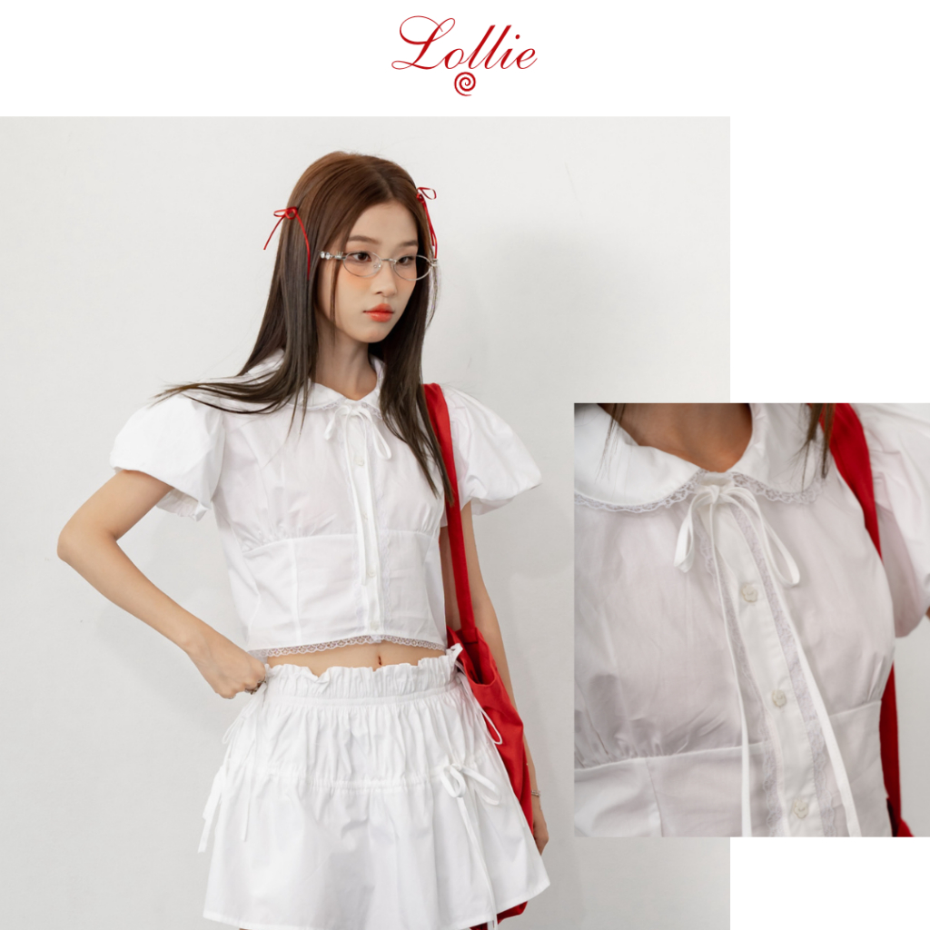 LOLLIE STUDIO - Áo sơ mi trắng cộc tay poplin cổ sen pha ren buộc nơ PATSY TOP - TKA409 thiết kế cao cấp dễ phối đồ