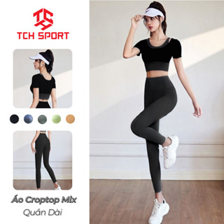 Bộ tập gym yoga nữ áo croptop dài tay kiểu đệm mút nâng ngực may rời | quần legging cạp cao nâng mông tôn dáng (D27)