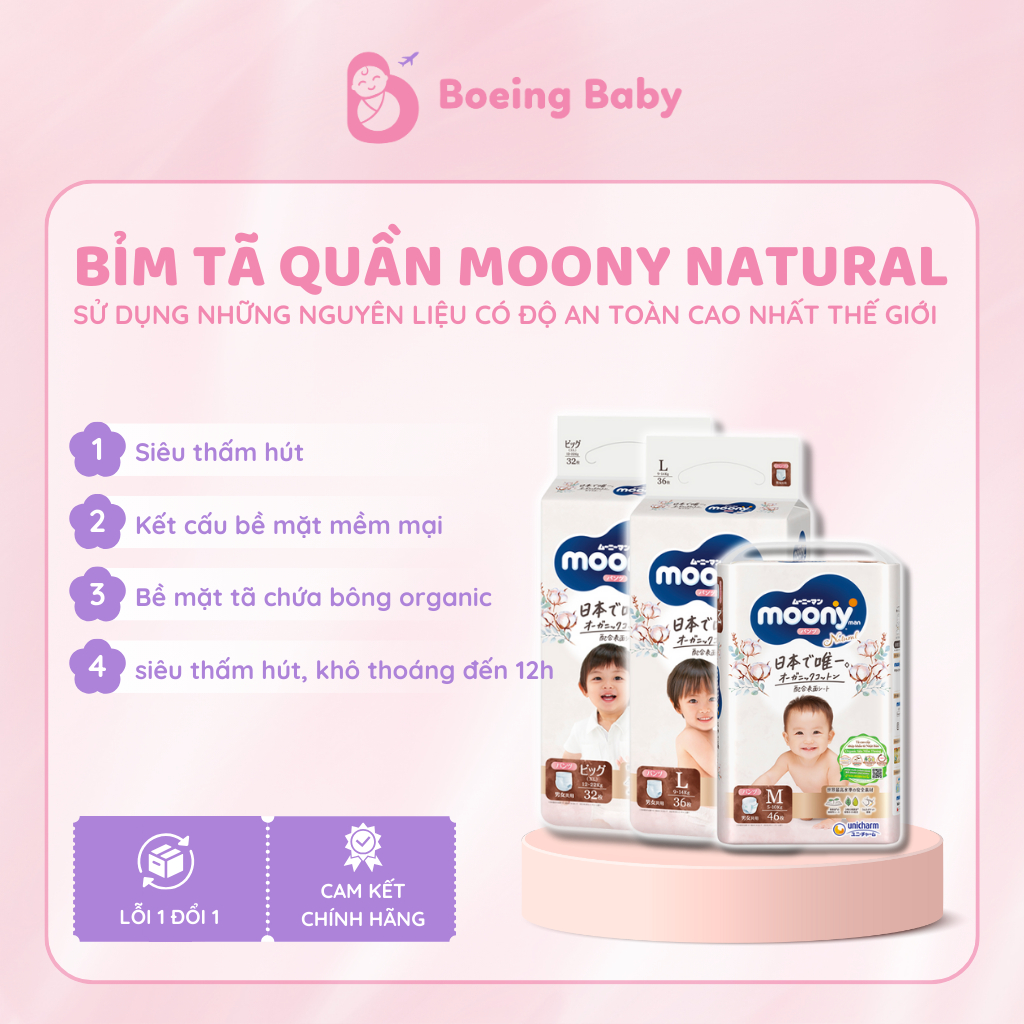 Bỉm Tã quần Moony Natural chính hãng đủ size M - XL nhập khẩu từ Nhật Bản
