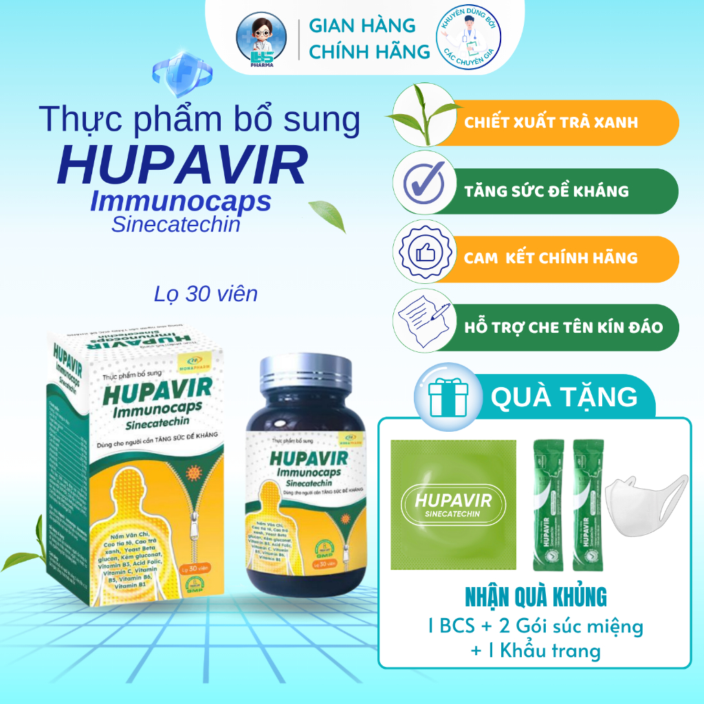 Viên uống HUPAVIR Immunocaps hỗ trợ đào thải HPV, sùi mào gà, tăng sức đề kháng [Lọ 30 viên]