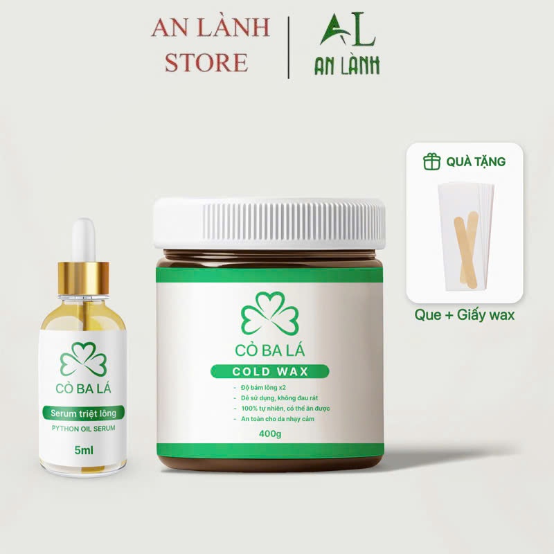 Combo Wax Lông Cỏ Ba Lá 400G + Mỡ Trăn Cỏ Ba Lá 5ML [ Tặng giấy và que wax ] Giúp Triệt Sạch Lông Chân Tay Nách Bikini..