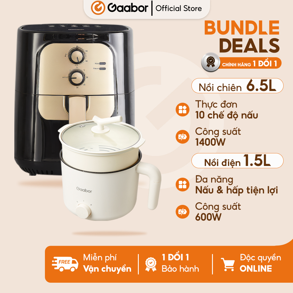 【Combo Sales】 Gaabor 39 Nồi chiên không dầu 6.5L AF65M-BK01A và Nồi điện đa năng 1.5L GR-N15A