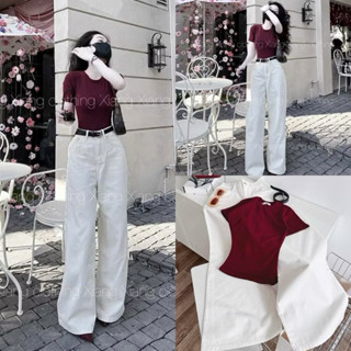 Set bộ áo croptop tăm đỏ mix quần jean ống rộng trắng