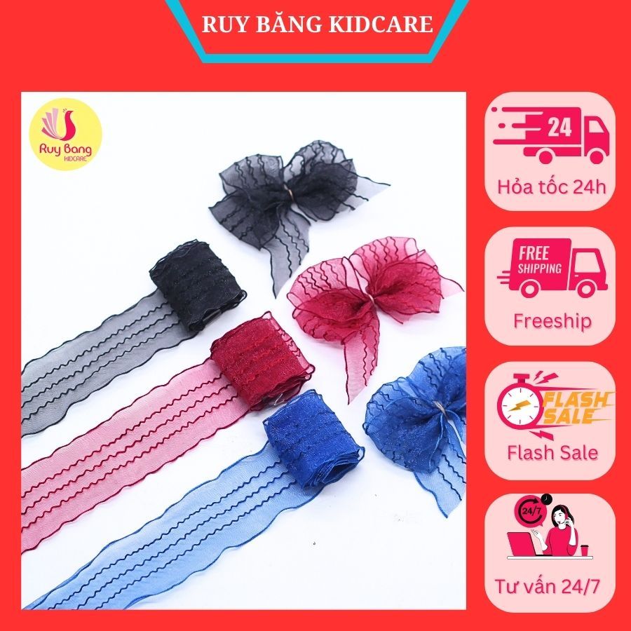 Ruy băng voan kẻ viền sóng RB1122 dùng làm nơ kẹp tóc, phụ kiện may mặc