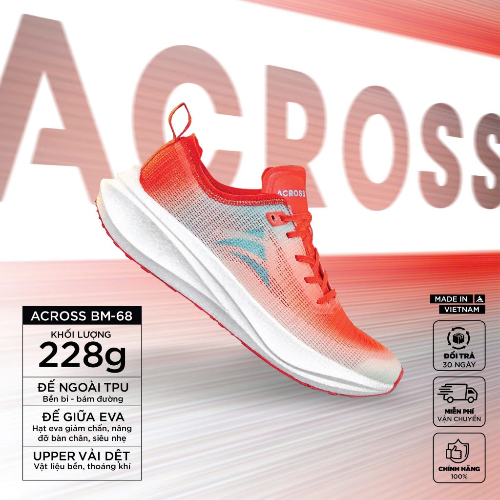 Giày Chạy Bộ Thể Thao Nam Nữ Across BM68 Running Màu Đỏ Ma Sát Tốt, Thoáng Khí, Công Nghệ Đế Xốp EVA