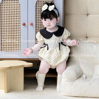  Bodysuit Cho Bé Chấm Bi Cổ Đen Chất Xô Muslin Kèm Turban Nơ Xinh 