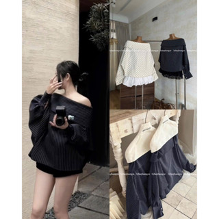 @Oni.Shop_[SẴN GIAO LUÔN] Áo Sơ Mi Trễ Vai Xanh Kẻ Sọc