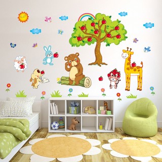 Decal dán tường vườn thú cây táo XL8205 tranh dán tường trang trí phòng học, phòng ngủ cho bé trai bé gái