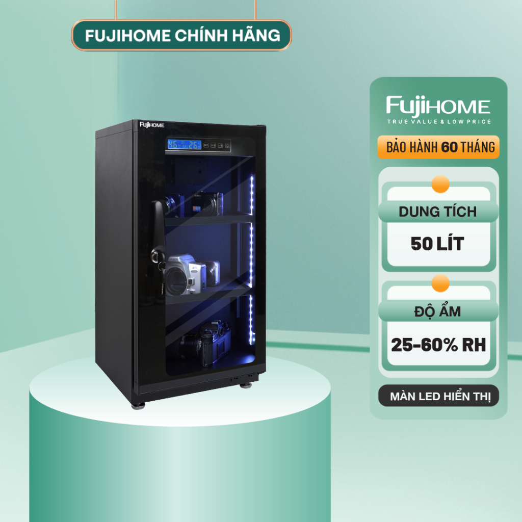 Tủ chống ẩm thế hệ mới FUJIHOME DC-50E dung tích 50L - Màn hình LED, cửa kính 2 lớp chống xước
