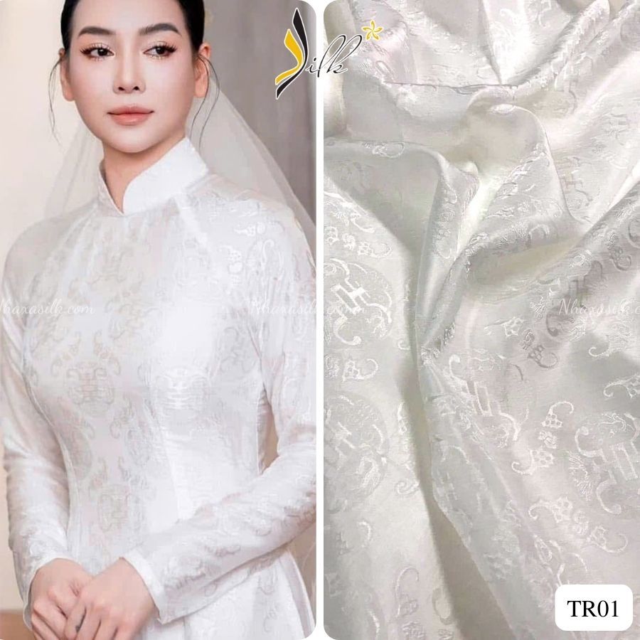 Lụa may áo dài - SILK – hoa văn thọ dơi màu trắng - TR01