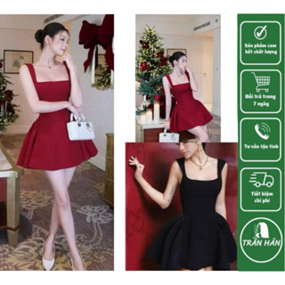 V207 Váy Ngắn 2 Dây Bản To Đầm Body Đỏ Đen Cổ Vuông Dáng Dài Bồng Xòe Chử A Sang Chảnh Basic Tôn Dáng STH
