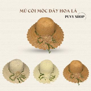 Nón cói móc dây hoa lá, Mũ cói đi biển cho nữ vành nhỏ xinh xắn chống nắng có dây quai đeo