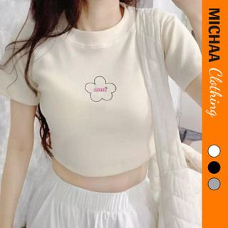 [XẢ HÀNG] Áo Croptop Thêu Họa Tiết AIME MichaaClothing Form Ôm Body, Áo Croptop Nữ Tay Ngắn Thêu Hoa Cổ Tròn, CR65