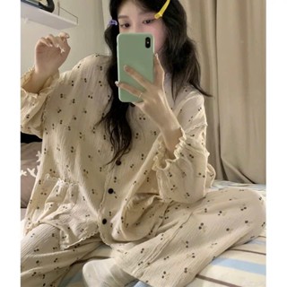 Bộ đồ ngủ nữ xuân thu ren ngọt ngào dài tay pijama in hình anh đào dễ thương đáng yêu mặc nhà nàng thơ 007