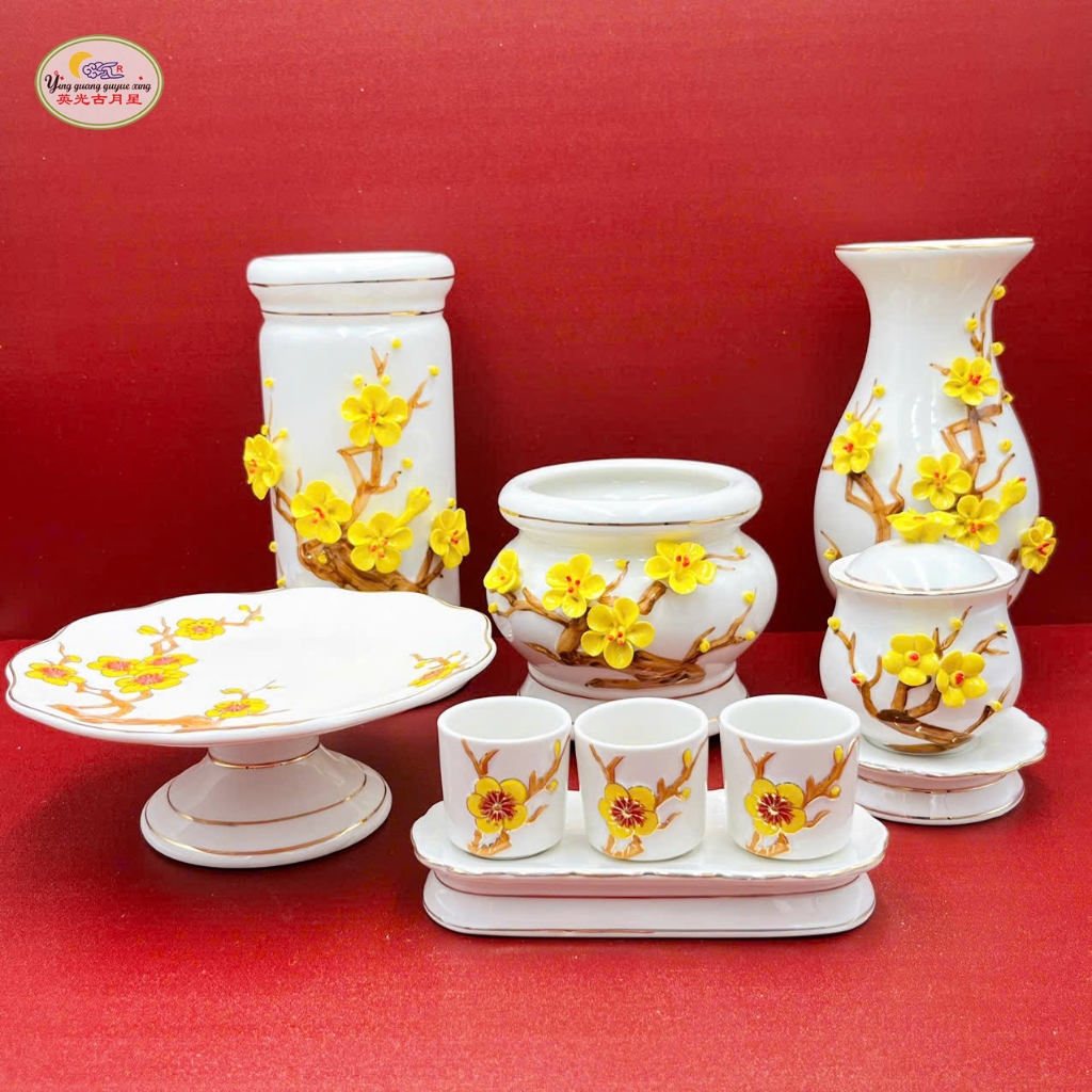 Bộ Thờ Cúng Hoa Mai (Áng Chung Ly, Bi Phật, Bình Hoa, Đĩa, Lư Hương, Ống Nhang) - Cổ Nguyệt