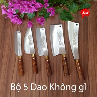 Bộ 5 dao bếp thái chặt gà thép trắng không gỉ khắc rồng sắc bén bảo hành 1 đổi 1