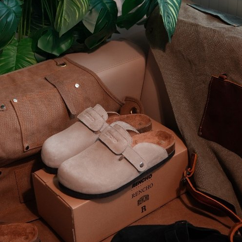 RENCHO PREMIUM Dép Nam Nữ da bít mũi MULE BOSTON màu SMOKEY TAUPE đế trấu định hình lòng bàn chân