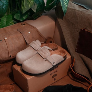 RENCHO PREMIUM Dép Nam Nữ da bít mũi MULE BOSTON màu SMOKEY TAUPE đế trấu định hình lòng bàn chân