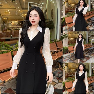 TN80- Váy thiết kế Evii dành cho nữ, Đầm thiết kế cổ đức phối tơ họa tiết nơ nhí, đính cúc tạo điểm nhấn dáng A xòe dài.