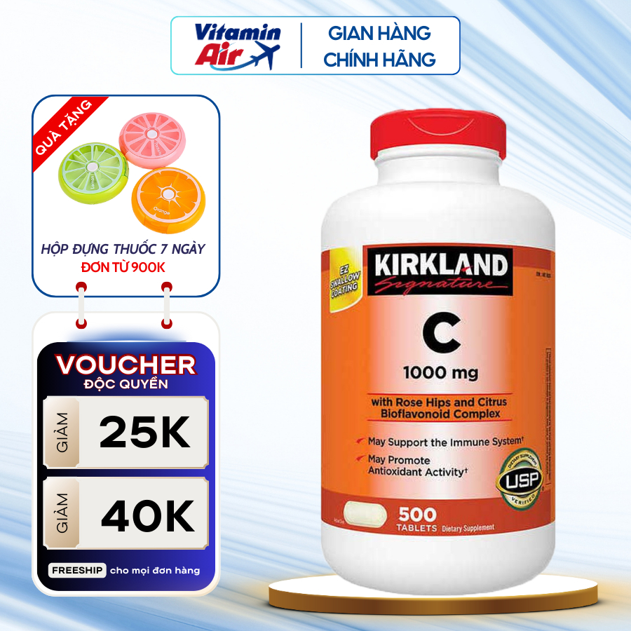 Vitamin C đẹp da Vitamin C1000mg Kirkland Signature giúp làm sáng da, tăng sức đề kháng 500 viên của