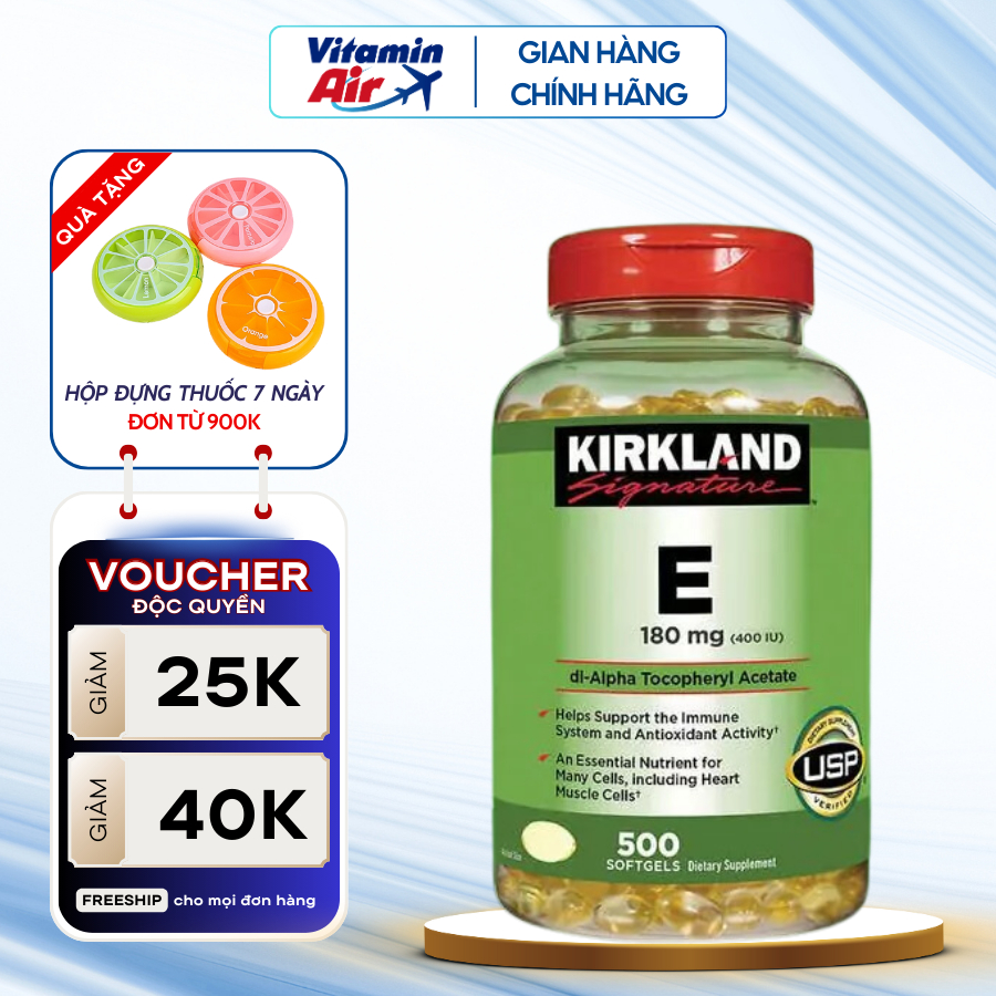 Vitamin E hỗ trợ làm đẹp da 400 IU 500 viên Kirkland Signature giúp làn da mịn màng, tươi trẻ, hạn chế nếp nhăn